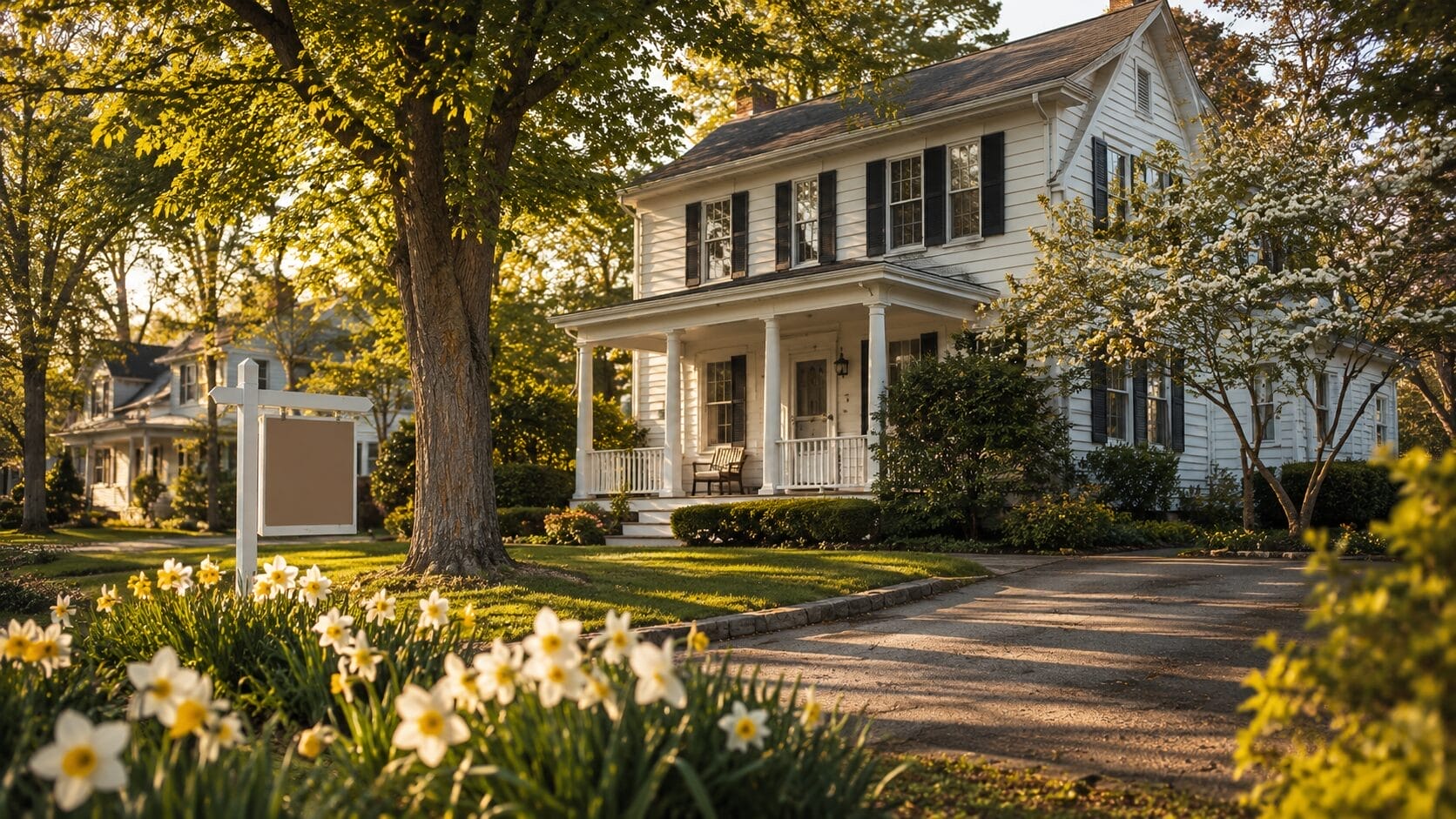 Sunlit NJ colonial home with for sale sign and daffodils, selling an inherited house in NY and NJ